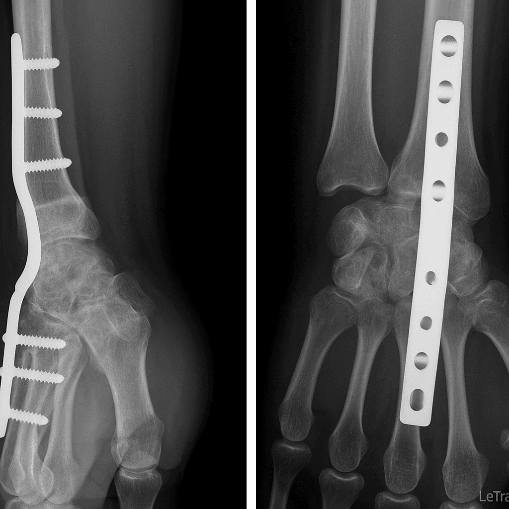 Image médicale montrant deux vues radiographiques d’un poignet après arthrodèse, avec plaque et vis d’ostéosynthèse fixant le radius aux os du carpe, en vues latérale et antéro-postérieure.