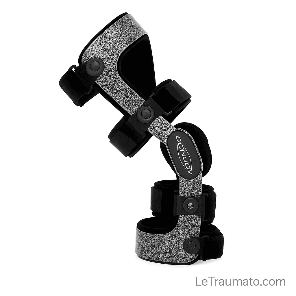 Photo en haute résolution d’une attelle de genou rigide DonJoy Armor, présentée seule en vue latérale. L’attelle est composée d’un cadre métallique gris moucheté, de charnières articulées et de quatre sangles de fixation en Velcro noir. Ce modèle est conçu pour maintenir solidement le genou après une blessure ligamentaire (LCA, LCP) ou une opération chirurgicale, tout en autorisant une mobilité contrôlée. Signature “LeTraumato.com”