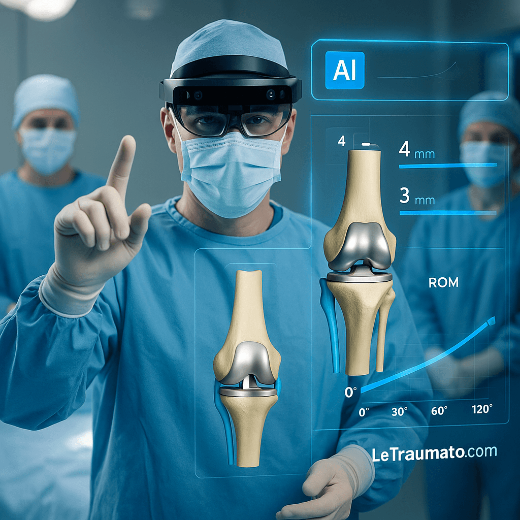 Chirurgien en salle opératoire portant un casque de réalité augmentée, interagissant avec un hologramme en 3D du genou. L’image met en évidence l’intégration de l’intelligence artificielle dans la chirurgie prothétique, avec des données de ROM, de laxité et des visualisations anatomiques en surimpression. Marquage discret "LeTraumato.com" pour authentification.