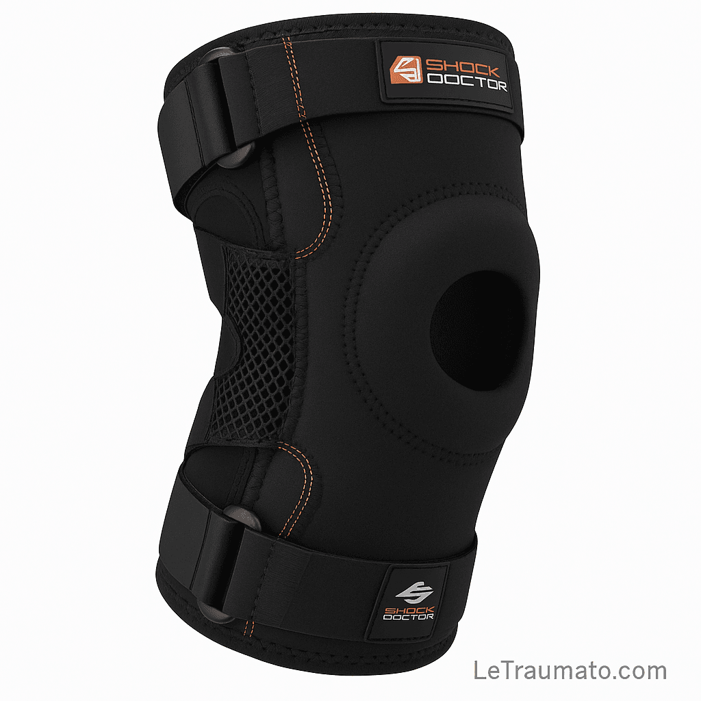 Image détaillée d’une attelle Shock Doctor noire avec ouverture rotulienne, renforts latéraux internes, sangles ajustables par Velcro, coutures orange apparentes et tissu respirant en mesh sur les côtés. Ce modèle est idéal pour le sport, la rééducation ou la prévention des blessures, offrant un bon maintien du genou tout en préservant la mobilité. Mention discrète “LeTraumato.com” en bas à droite.