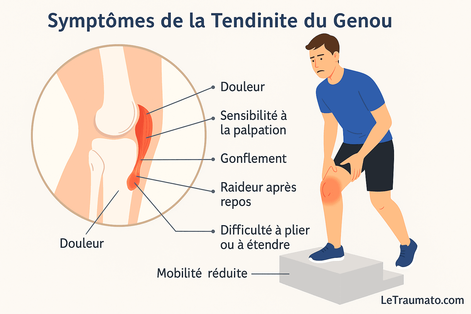 Infographie médicale illustrant un homme grimaçant de douleur au genou en montant une marche, avec schéma anatomique du genou en coupe latérale montrant un tendon rotulien enflammé. Les symptômes sont indiqués avec des flèches : douleur, sensibilité à la palpation, gonflement, raideur après repos, difficulté à plier ou étendre, et mobilité réduite. Image informative signée LeTraumato.com.