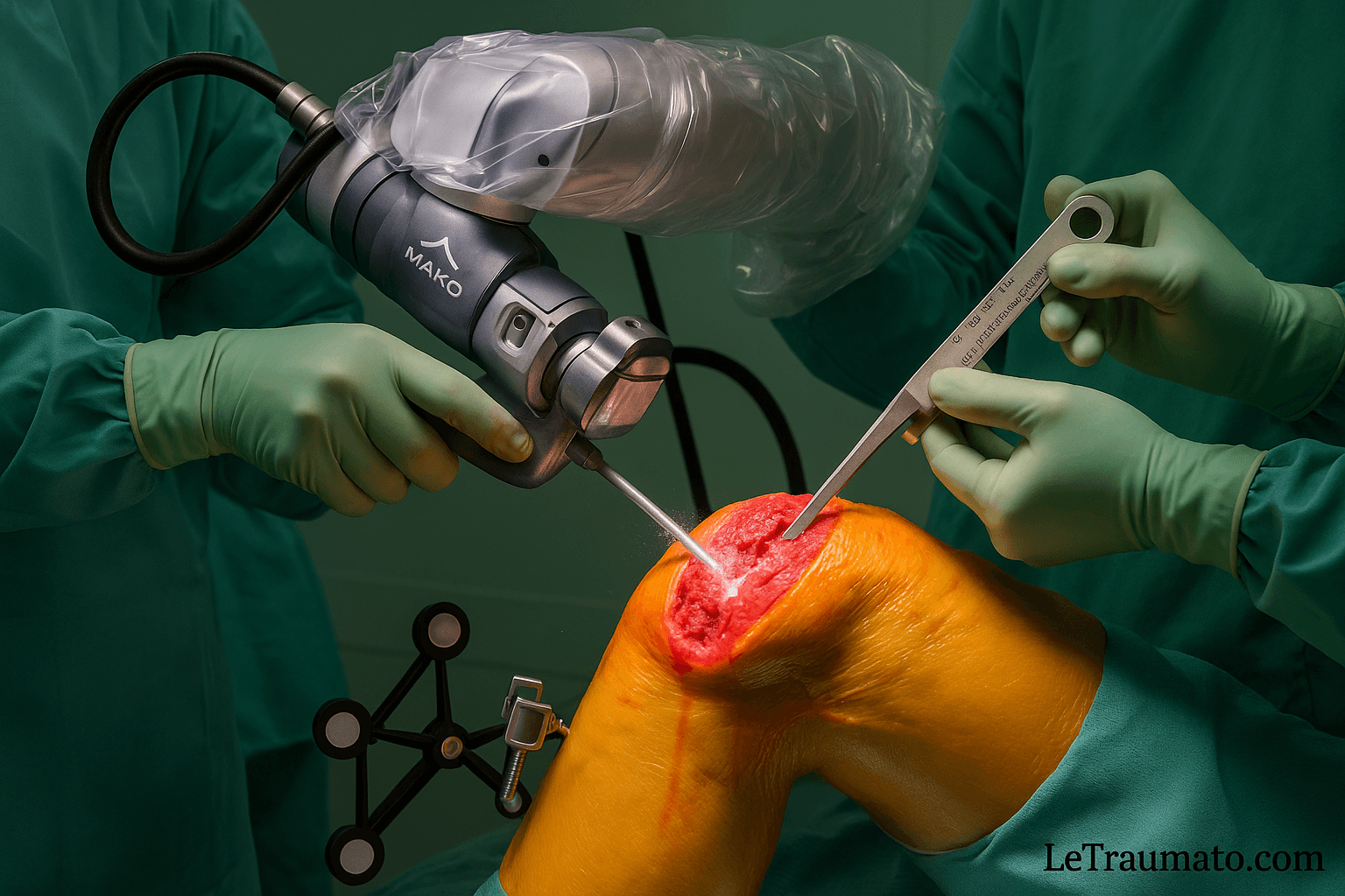 Image médicale illustrant une intervention chirurgicale de remplacement total du genou assistée par un robot MAKO. Le bras robotisé, recouvert d’une housse stérile, est dirigé par un chirurgien pour découper l’os fémoral avec précision. Un second chirurgien contrôle les mesures avec un outil de calibrage, tandis qu’un système de repérage optique est fixé à la jambe du patient. Image signée LeTraumato.com.