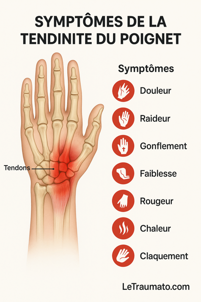 Image éducative montrant une vue anatomique du poignet avec inflammation des tendons, associée à une liste de 7 symptômes typiques de la tendinite du poignet : douleur, raideur, gonflement, faiblesse, rougeur, chaleur et claquement. L’illustration utilise des repères visuels simples pour chaque symptôme. Idéal pour illustrer un article médical destiné au grand public. Logo discret LeTraumato.com inclus.