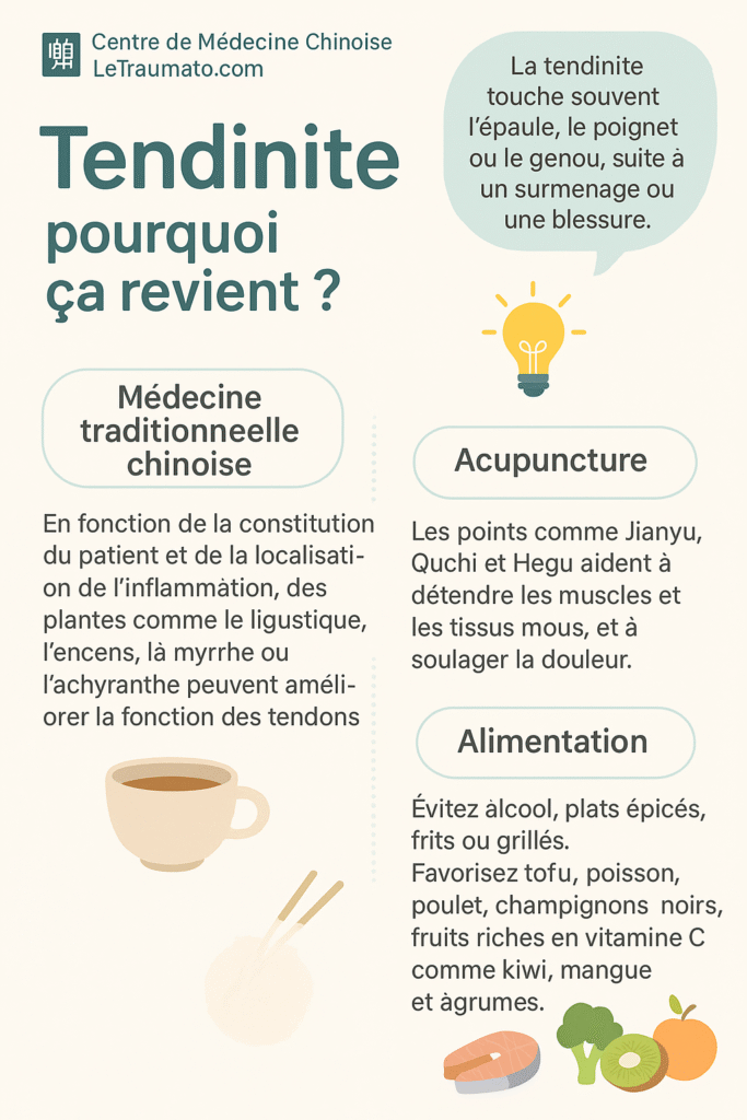 Infographie éducative sur la tendinite récurrente, présentant les approches de la médecine traditionnelle chinoise, l’acupuncture et l’alimentation. Illustrations douces de tisane, aiguilles d’acupuncture et aliments sains. Message principal : la tendinite touche souvent l’épaule, le poignet ou le genou, et peut être soulagée par une approche globale et naturelle
