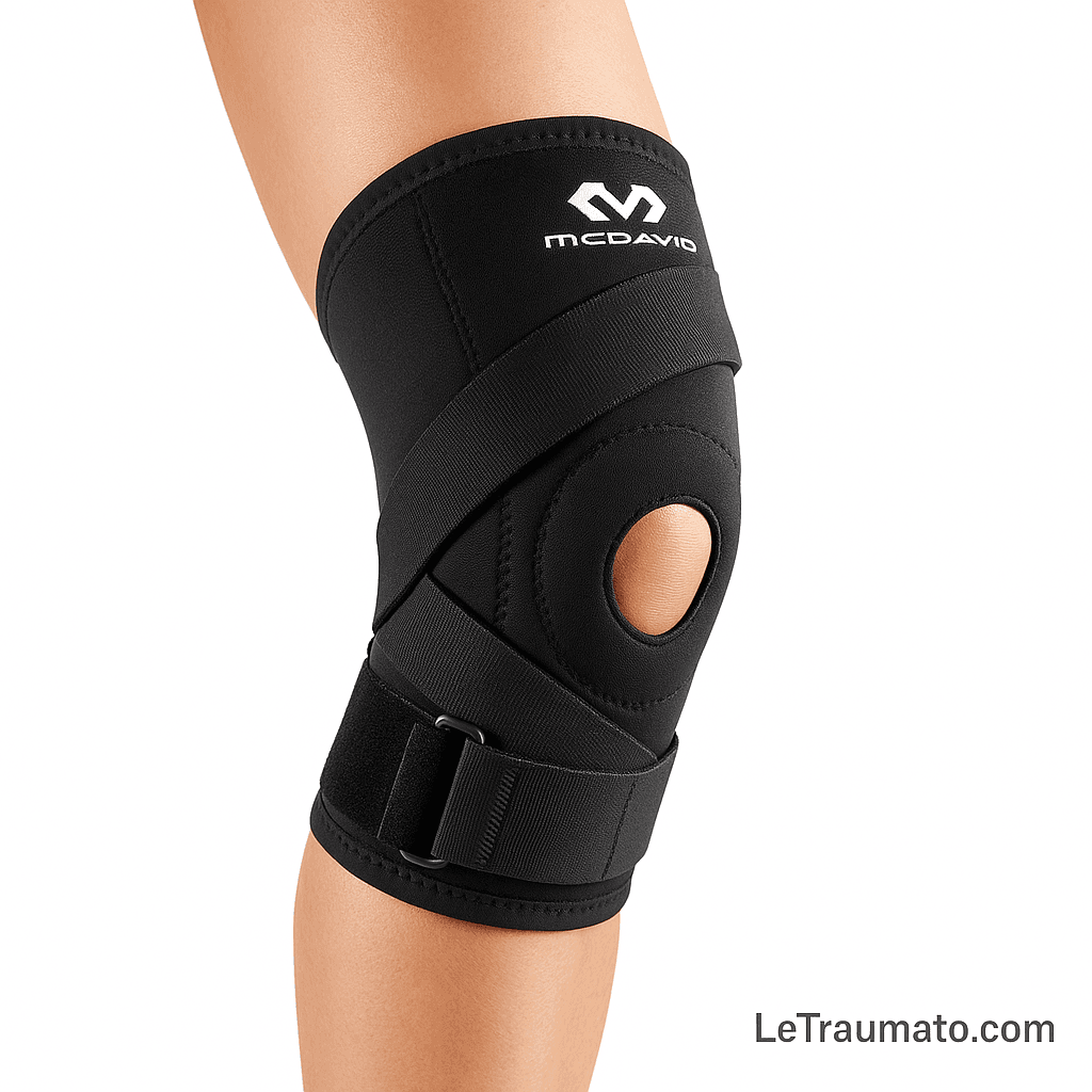 Photographie rapprochée d’une attelle de genou McDavid portée sur une jambe légèrement fléchie. L’attelle noire en néoprène comprend une ouverture rotulienne pour décharger la pression sur la patella, des sangles croisées assurant une stabilité latérale renforcée, et un design ergonomique permettant une compression efficace. Logo McDavid visible en haut, mention discrète “LeTraumato.com” en bas à droite.