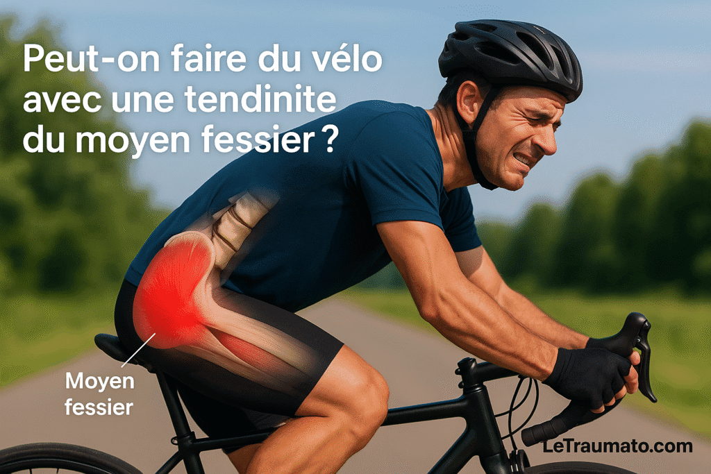 Image réaliste d’un homme à vélo en extérieur, présentant une mimique de douleur. Une illustration anatomique en transparence met en évidence le muscle moyen fessier gauche, en rouge, pour indiquer une tendinite. L’image est utilisée dans un contexte éducatif pour aborder les limites de la pratique du cyclisme en cas de tendinite fessière.