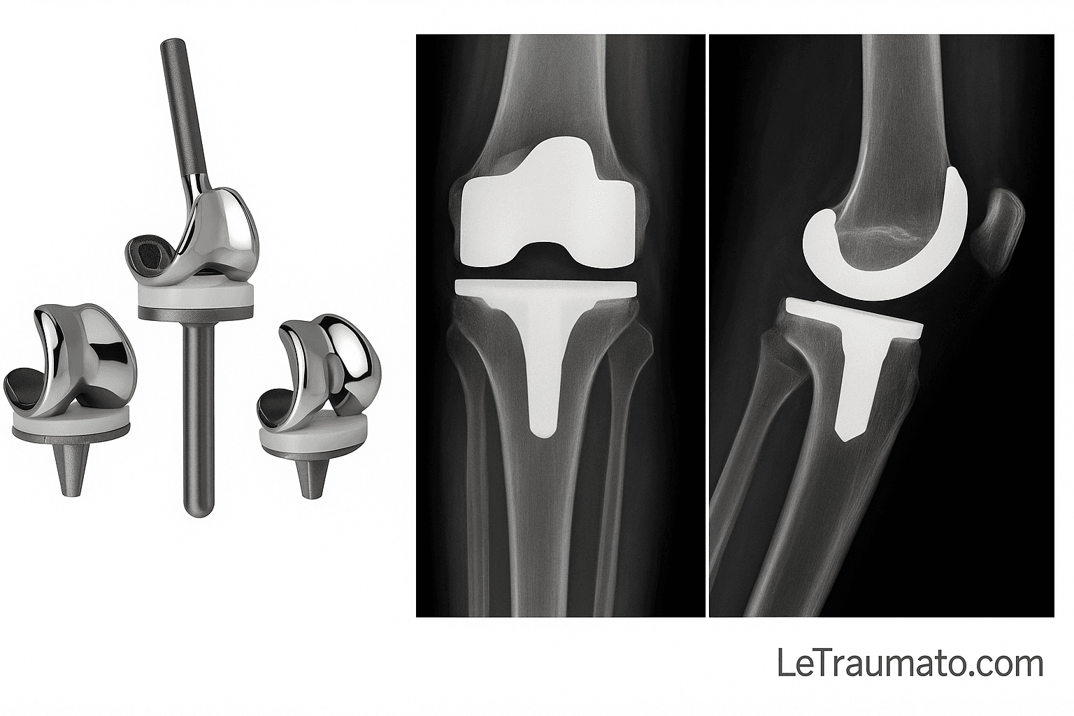 Illustration médicale montrant trois composants de prothèse totale du genou à gauche, accompagnés de deux radiographies à droite présentant une PTG en place (vue frontale et latérale). L’image aide à visualiser l’anatomie d’un genou implanté, les matériaux utilisés et la bonne intégration osseuse. Marque LeTraumato.com visible en bas de l’image.