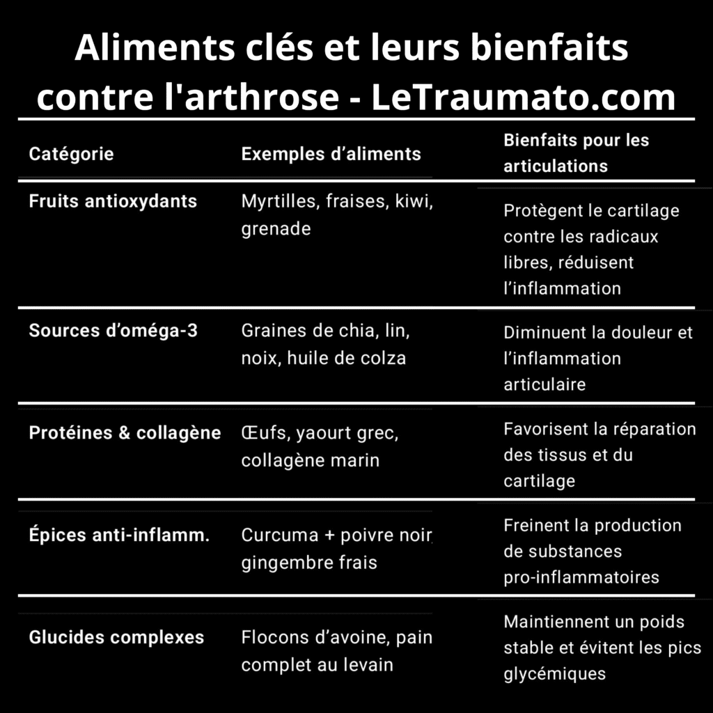 Tableau récapitulatif des principaux aliments bénéfiques contre l’arthrose, avec leurs catégories, exemples et bienfaits articulaires, incluant fruits antioxydants, sources d’oméga-3, protéines, épices anti-inflammatoires et glucides complexes – LeTraumato.com.