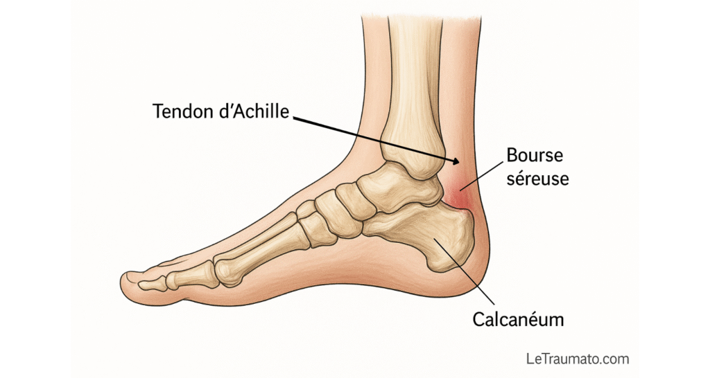 Schéma anatomique montrant la bursite subcalcanéenne (pré-achilléenne) au niveau du tendon d’Achille – LeTraumato Traumatologie