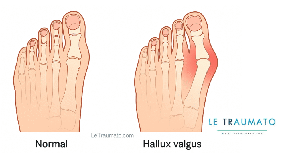 Schéma comparatif d’un pied normal et d’un pied atteint d’hallux valgus avec inflammation – illustration orthopédiste Traumatologie – LeTraumato.com