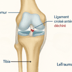 Schéma médical du genou présentant une rupture du ligament croisé antérieur (LCA). On distingue le fémur, le tibia, les ménisques et le ligament croisé antérieur déchiré en rouge. Cette illustration claire et pédagogique est destinée à l’éducation des patients et des professionnels de santé pour mieux comprendre l’anatomie et les blessures du genou.