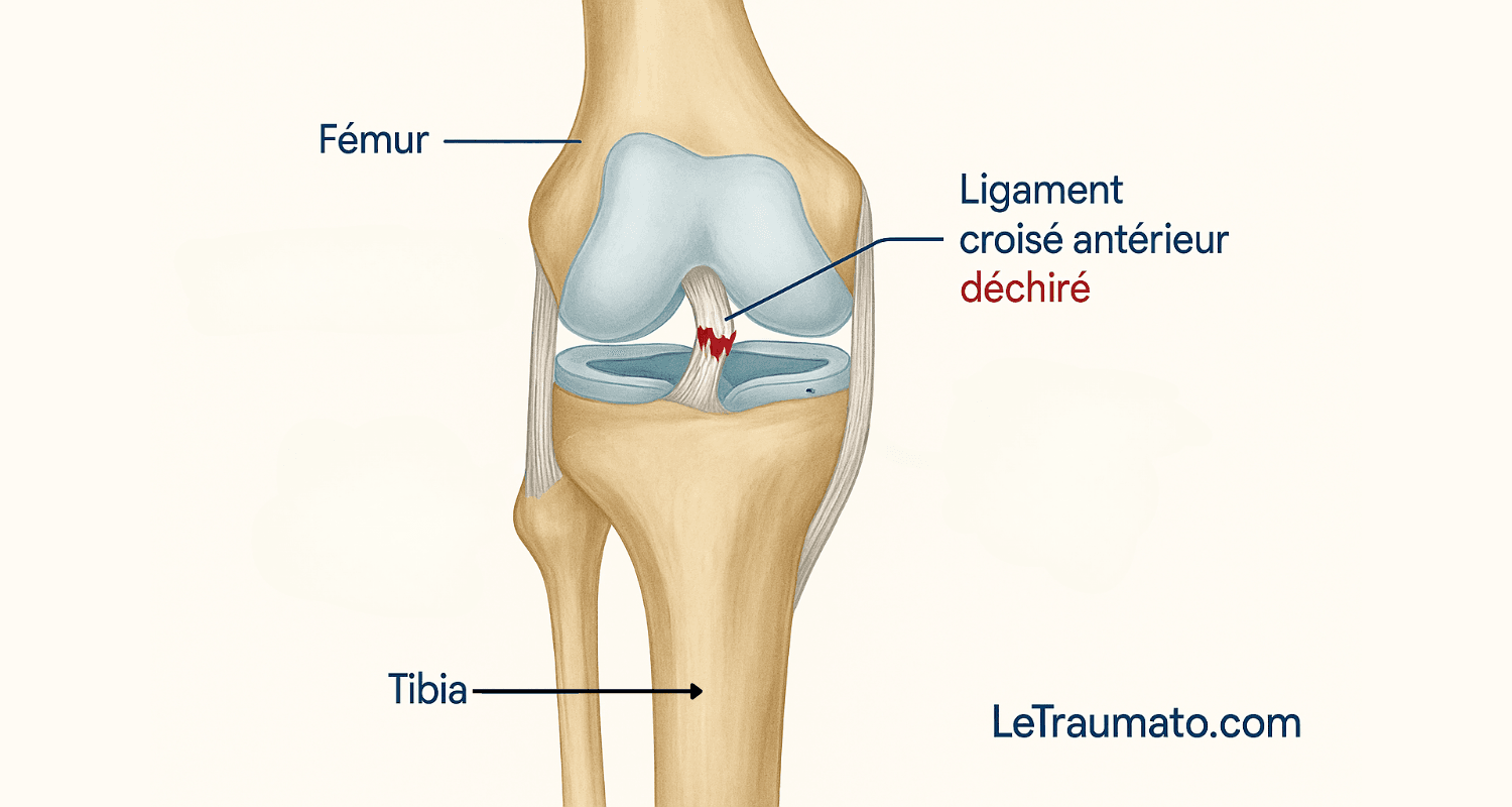 Schéma médical du genou présentant une rupture du ligament croisé antérieur (LCA). On distingue le fémur, le tibia, les ménisques et le ligament croisé antérieur déchiré en rouge. Cette illustration claire et pédagogique est destinée à l’éducation des patients et des professionnels de santé pour mieux comprendre l’anatomie et les blessures du genou.