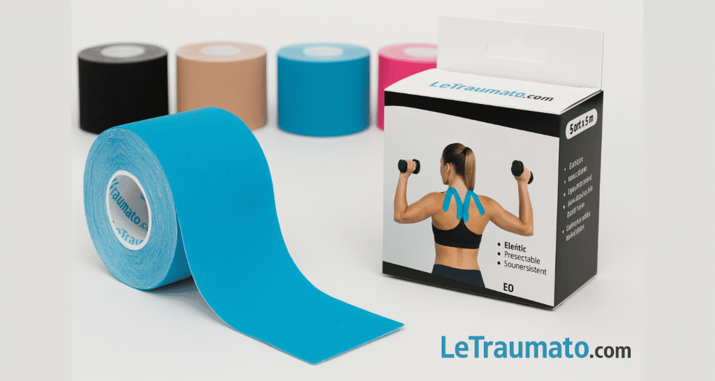 Tape kinésiologique bleu et autres couleurs avec boîte de produit – comparatif strapping et orthèse du genou – LeTraumato