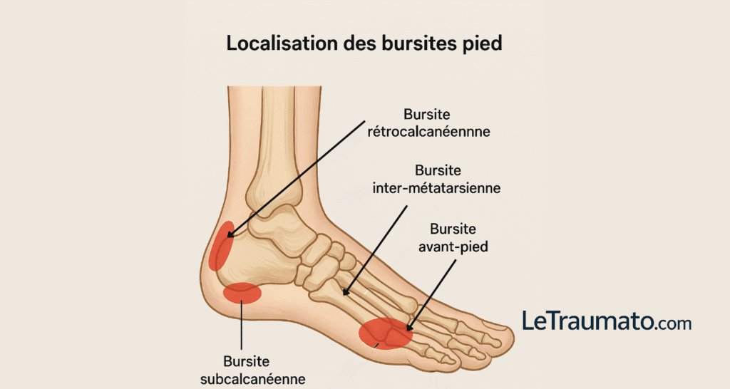 Schéma médical illustrant les principales localisations des bursites du pied : bursite rétrocalcanéenne derrière le talon, bursite subcalcanéenne sous le talon, bursite inter-métatarsienne entre les métatarses et bursite de l’avant-pied. Image issue de LeTraumato.com, destinée à expliquer les causes fréquentes de douleurs et inflammations du pied.