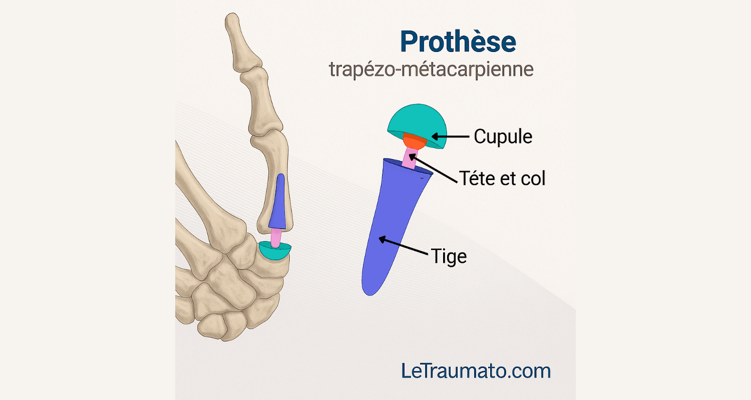 Prothèse trapézo-métacarpienne pouce rhizarthrose – schéma orthopédiste LeTraumato.com