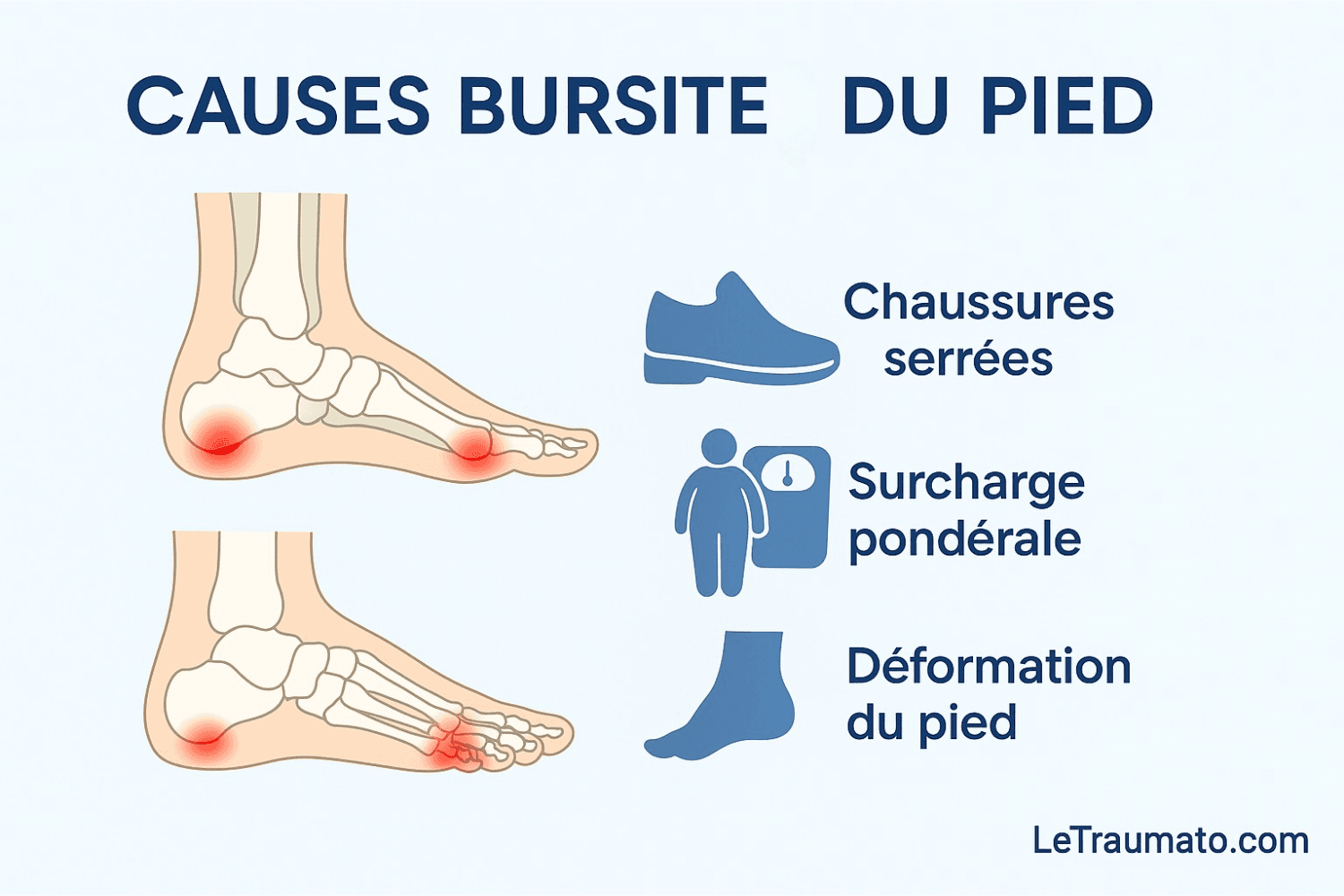 Infographie causes bursite du pied | LeTraumato Traumatologie
