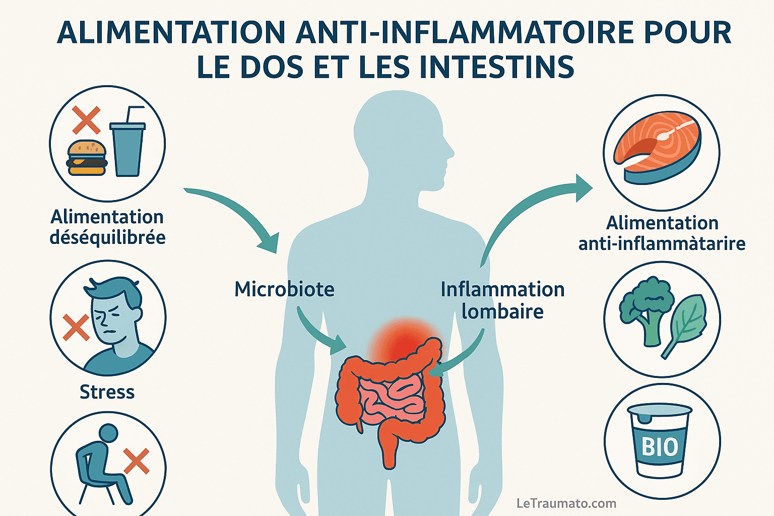 Infographie alimentation anti-inflammatoire pour le dos et les intestins – Traumatologie LeTraumato.com
