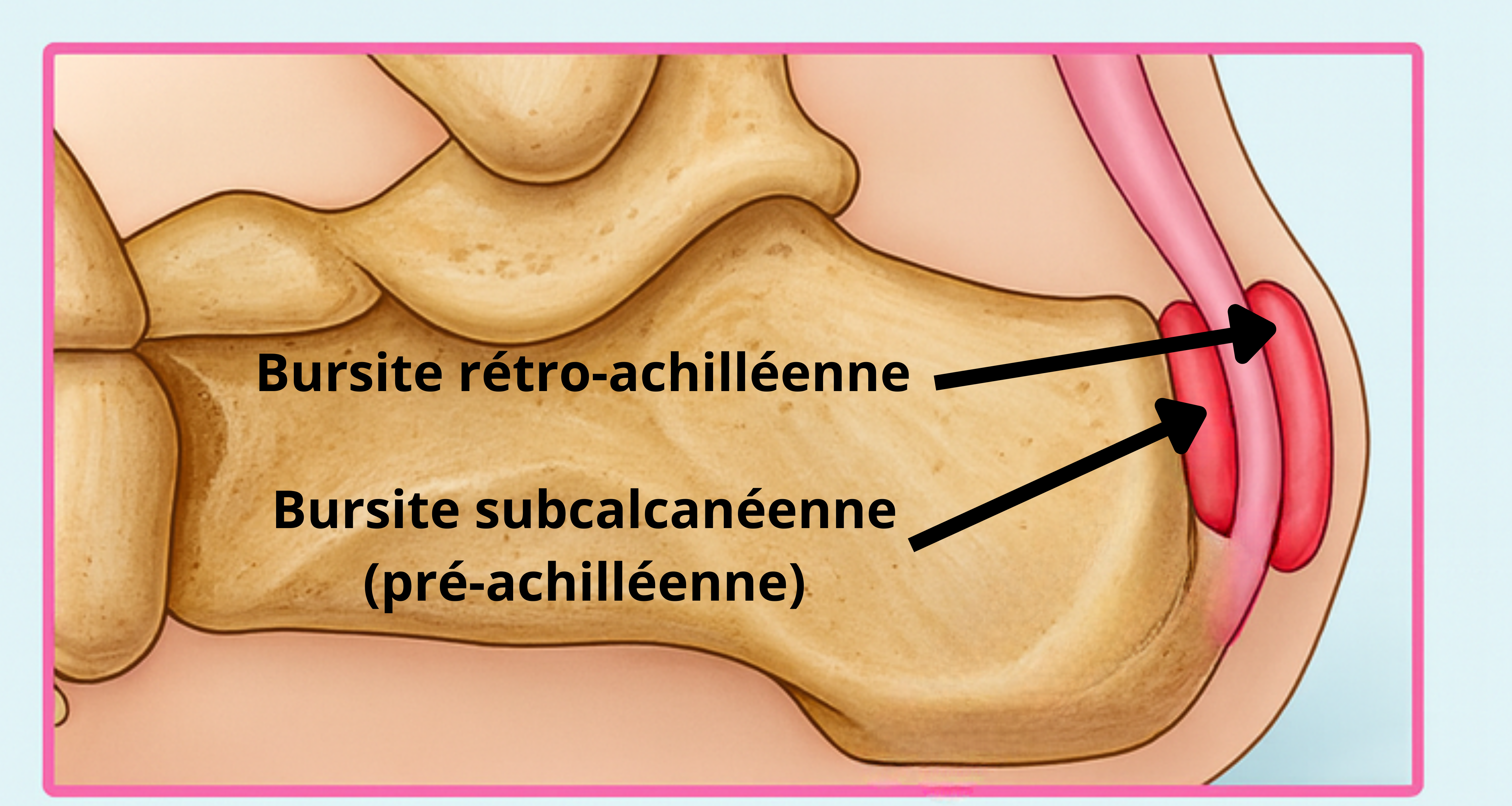 Schéma médical comparatif montrant la bursite subcalcanéenne (pré-achilléenne) et la bursite rétro-achilléenne au niveau du tendon d’Achille – LeTraumato Traumatologie