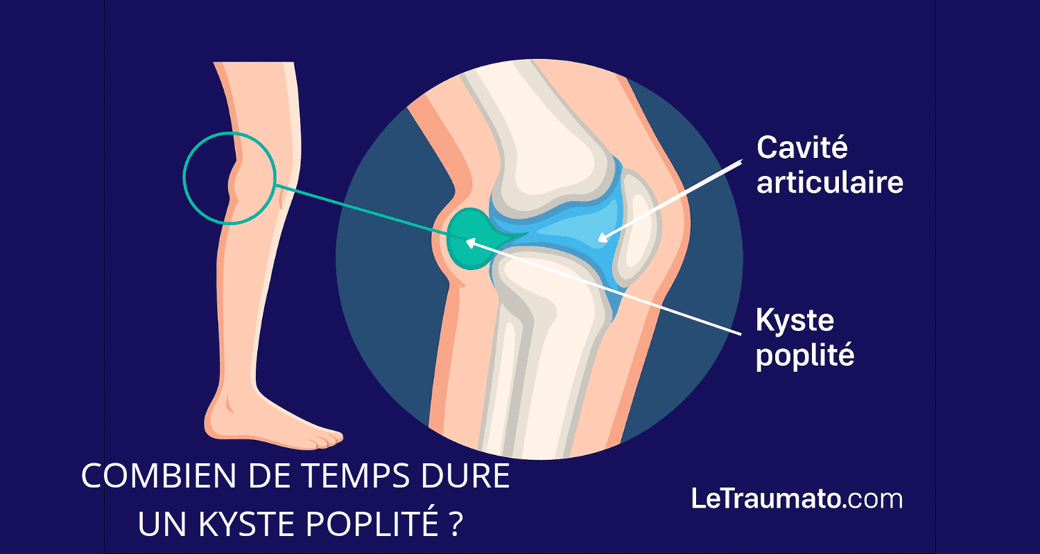 Illustration médicale montrant l’emplacement d’un kyste poplité derrière le genou. L’image comporte une vue de profil de la jambe et un agrandissement anatomique en coupe sagittale, avec annotations « Cavité articulaire » et « Kyste poplité ». Question posée : « Combien de temps dure un kyste poplité ? ». Source : LeTraumato.com.