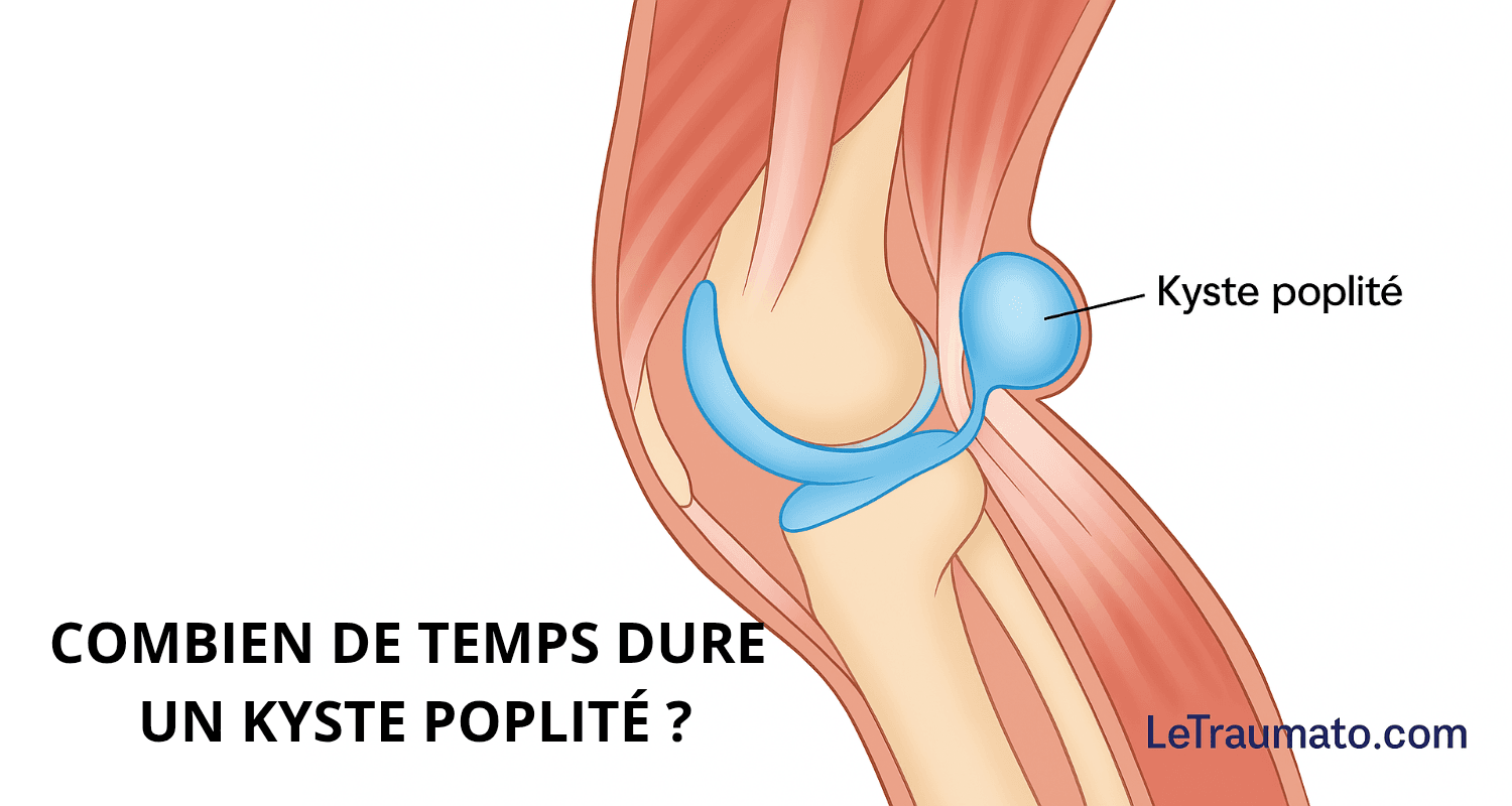 Schéma médical illustrant un kyste poplité derrière le genou, avec la question « Combien de temps dure un kyste poplité ? ». Le kyste est représenté en bleu comme une poche de liquide reliée à la cavité articulaire. Image pédagogique issue de LeTraumato.com.