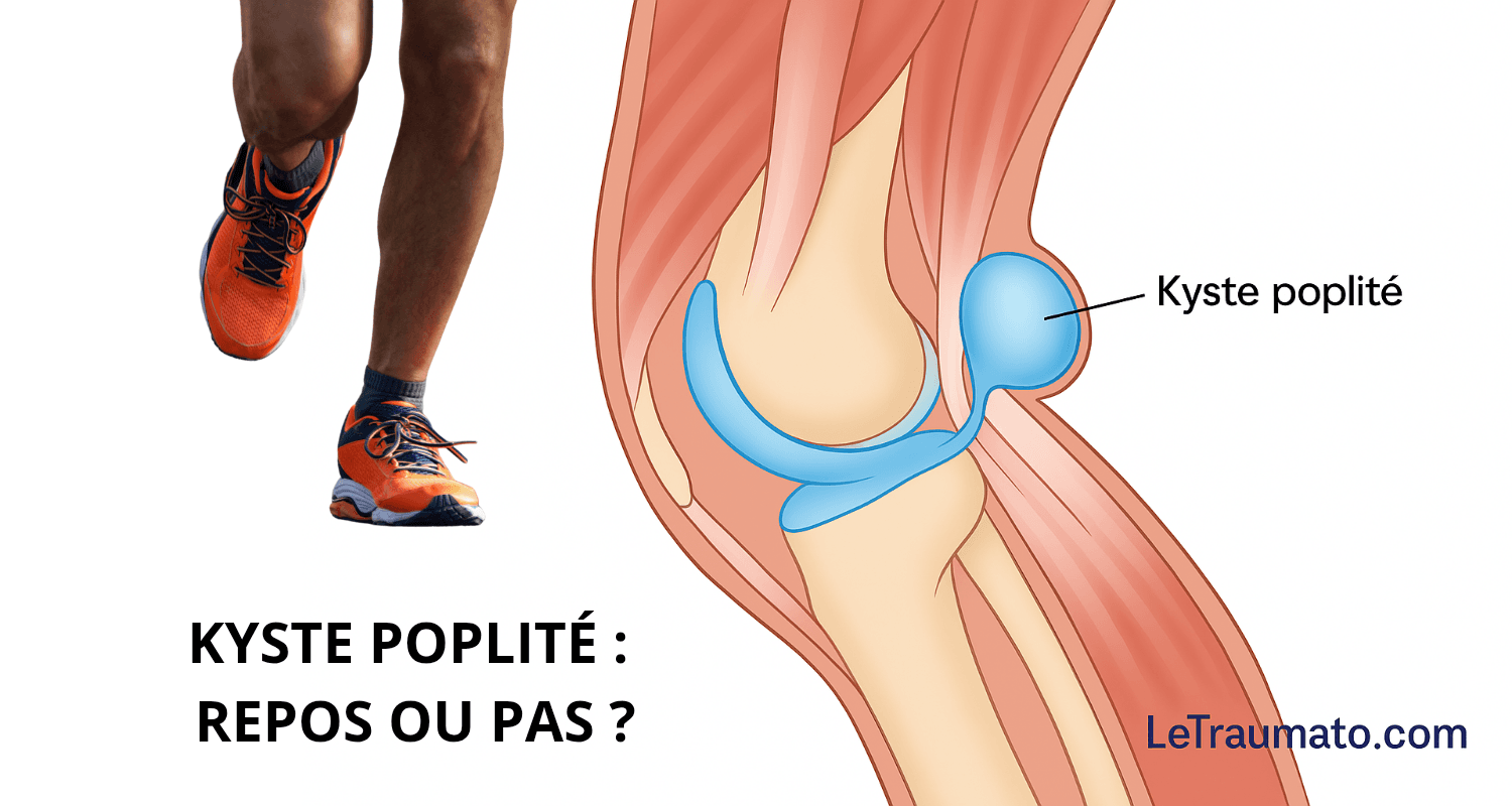 Kyste poplité repos ou pas – illustration médicale avec schéma du genou et marque LeTraumato.com par un orthopédiste