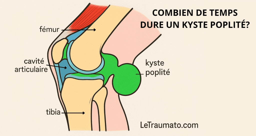 Illustration médicale en coupe sagittale du genou montrant un kyste poplité (kyste de Baker) en vert, situé derrière l’articulation et relié à la cavité articulaire. Les structures anatomiques sont annotées : fémur, tibia, cavité articulaire et kyste poplité. Question posée : « Combien de temps dure un kyste poplité ? ». Source : LeTraumato.com.