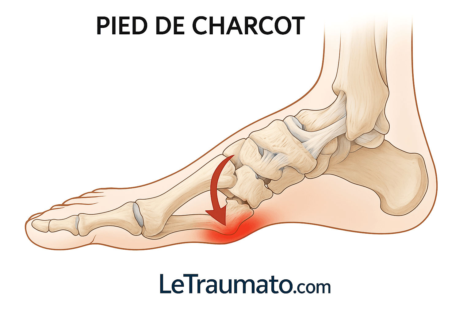 Illustration médicale en vue latérale du pied de Charcot, montrant l’effondrement du médio-pied et la perte de la voûte plantaire. Une flèche rouge indique le mouvement de bascule et une zone rouge souligne l’inflammation. Schéma pédagogique clair avec mention LeTraumato.com.