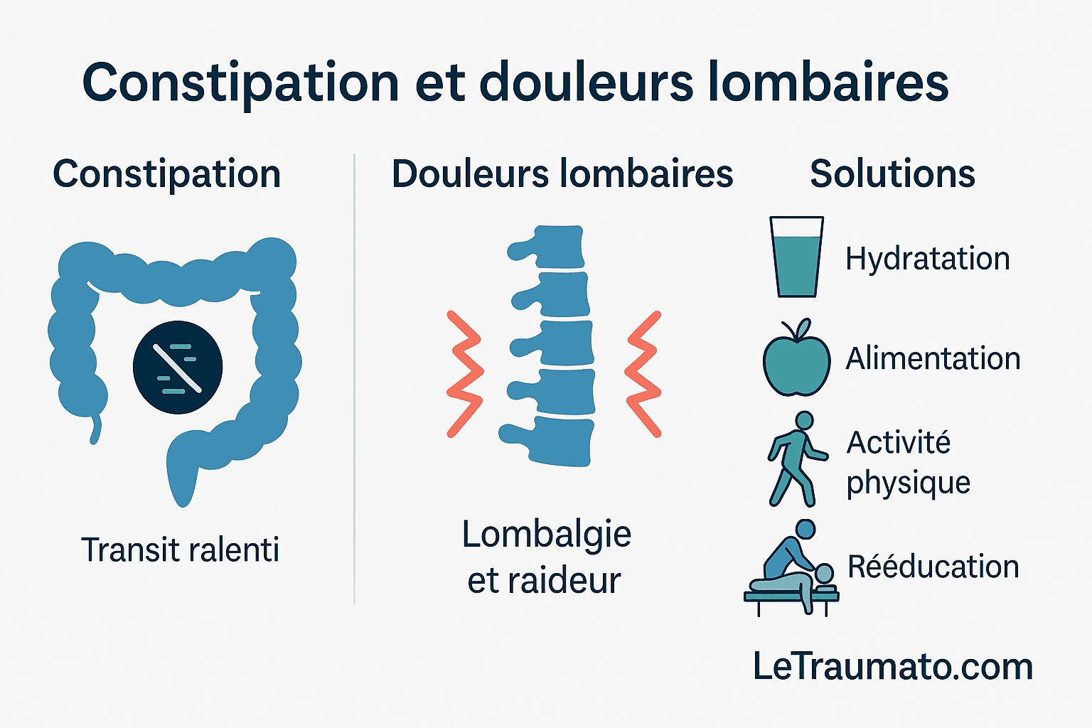 Infographie Constipation et douleurs lombaires – solutions orthopédiques LeTraumato
