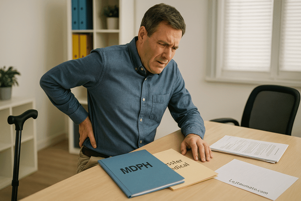 Handicap après arthrodèse lombaire – dossier MDPH visible – illustration LeTraumato