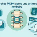 Infographie médicale montrant les démarches administratives auprès de la MDPH après une arthrodèse lombaire : représentation d’une colonne vertébrale opérée avec plaques et vis, entourée de documents administratifs (formulaire, enveloppe, radiographie, attestation), avec le titre « Démarches MDPH après une arthrodèse lombaire » et le logo LeTraumato.com.