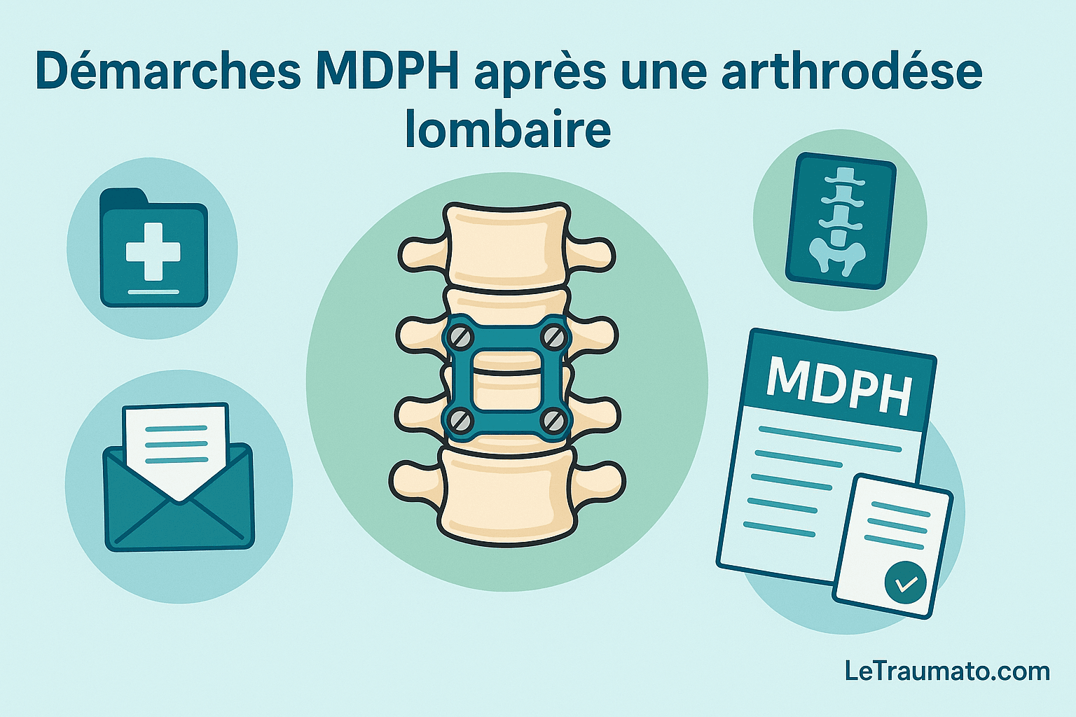 Infographie médicale montrant les démarches administratives auprès de la MDPH après une arthrodèse lombaire : représentation d’une colonne vertébrale opérée avec plaques et vis, entourée de documents administratifs (formulaire, enveloppe, radiographie, attestation), avec le titre « Démarches MDPH après une arthrodèse lombaire » et le logo LeTraumato.com.
