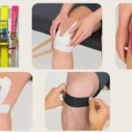 Illustration de différentes techniques de strapping et taping pour le genou : contention pour entorse, taping coloré pour tendinite rotulienne, strapping de soutien rotulien et strapping du ligament croisé antérieur (LCA). Ces méthodes visent à stabiliser l’articulation, réduire la douleur et favoriser la récupération après blessure sportive ou traumatique.