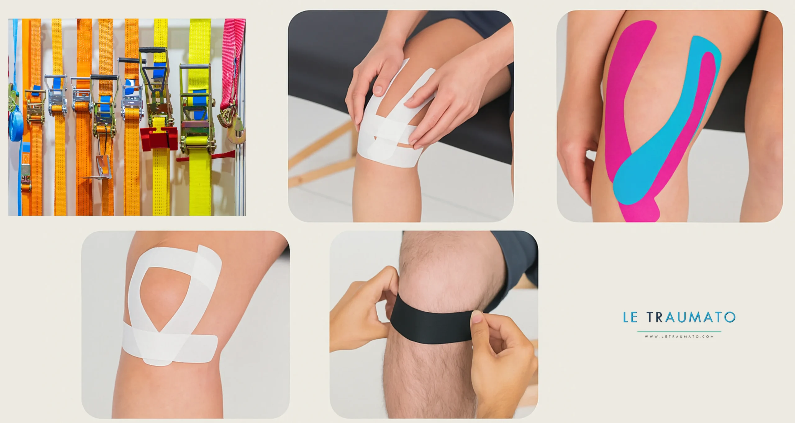 Illustration de différentes techniques de strapping et taping pour le genou : contention pour entorse, taping coloré pour tendinite rotulienne, strapping de soutien rotulien et strapping du ligament croisé antérieur (LCA). Ces méthodes visent à stabiliser l’articulation, réduire la douleur et favoriser la récupération après blessure sportive ou traumatique.