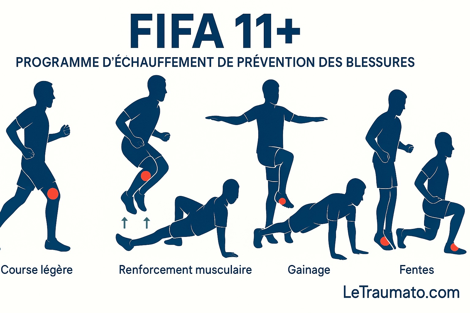 Infographie éducative présentant le protocole FIFA 11+, programme d’échauffement conçu pour prévenir les blessures en football. L’image montre plusieurs joueurs en silhouette exécutant des exercices variés : course légère, renforcement musculaire, gainage, équilibre sur une jambe et fentes. Des zones rouges mettent en évidence les articulations clés comme le genou et la cheville. Illustration sportive moderne avec mention LeTraumato.com.