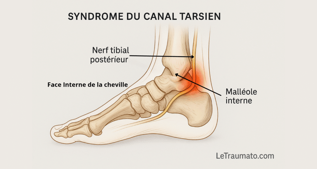 Syndrome du canal tarsien cheville – illustration médicale orthopédiste Traumatologie, nerf tibial comprimé