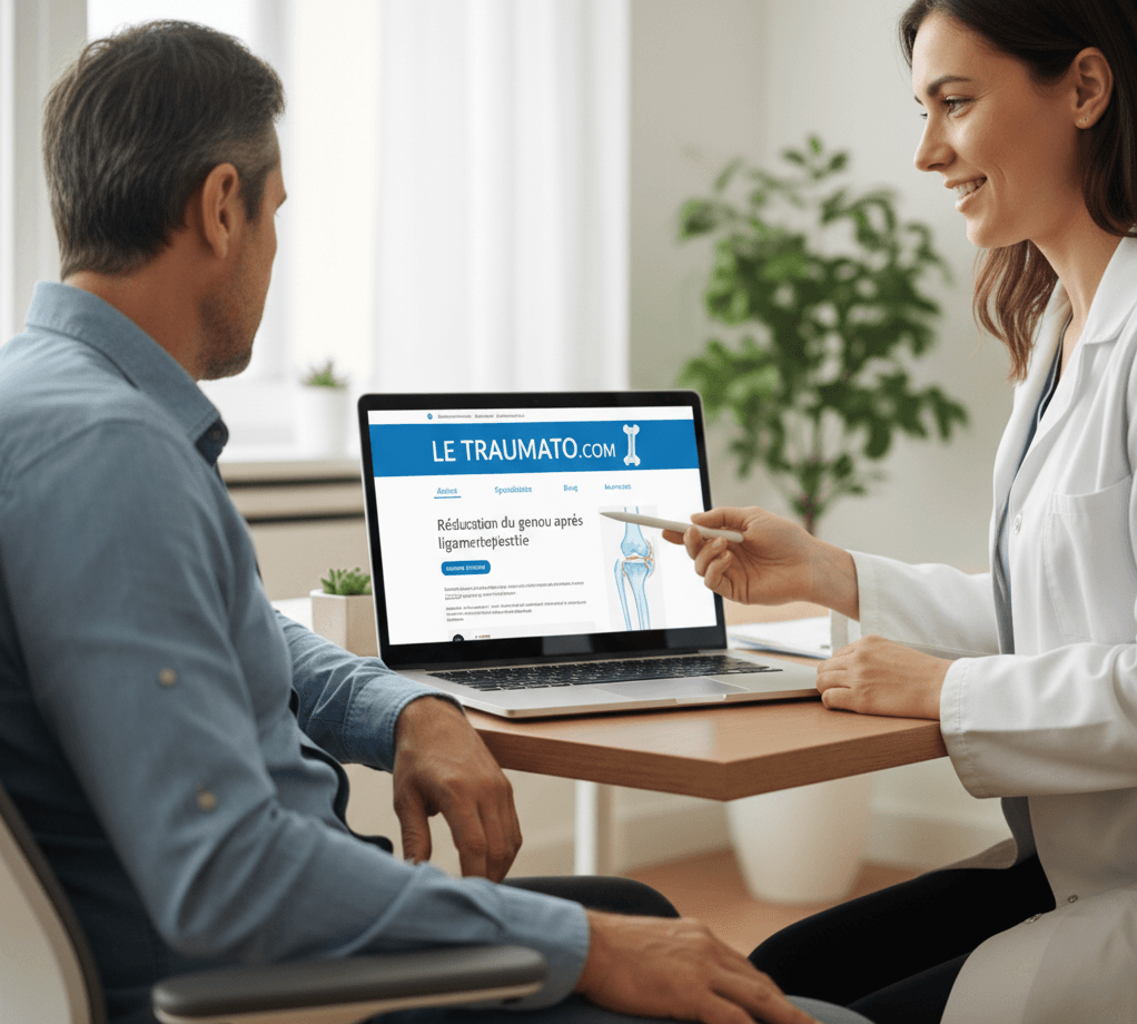 Une femme médecin orthopédiste en blouse blanche montre l'écran d'un ordinateur portable à son patient. L'écran affiche le site LeTraumato.com avec une explication sur la chirurgie du genou.