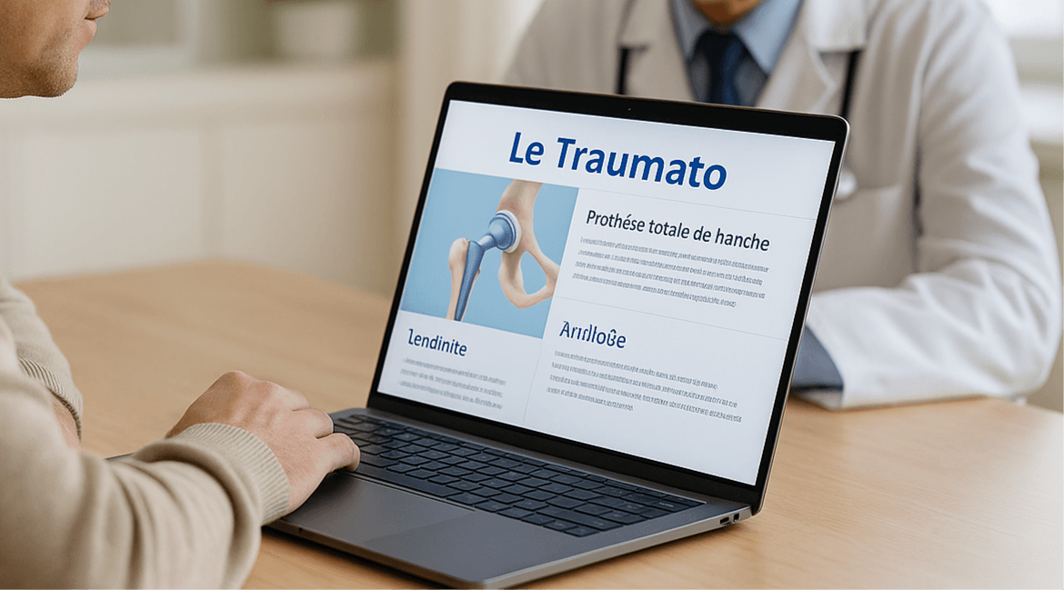 Patient consultant le site Le Traumato sur son ordinateur portable pour des infos santé fiables en orthopédie et traumatologie