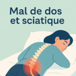 Illustration médicale en style flat design montrant une femme allongée sur le côté dans son lit, avec une mise en évidence de la colonne vertébrale et du nerf sciatique irradiant vers la jambe. Le bas du dos est représenté en zone rouge pour symboliser la douleur sciatique. Image pédagogique et rassurante, réalisée pour LeTraumato.com.