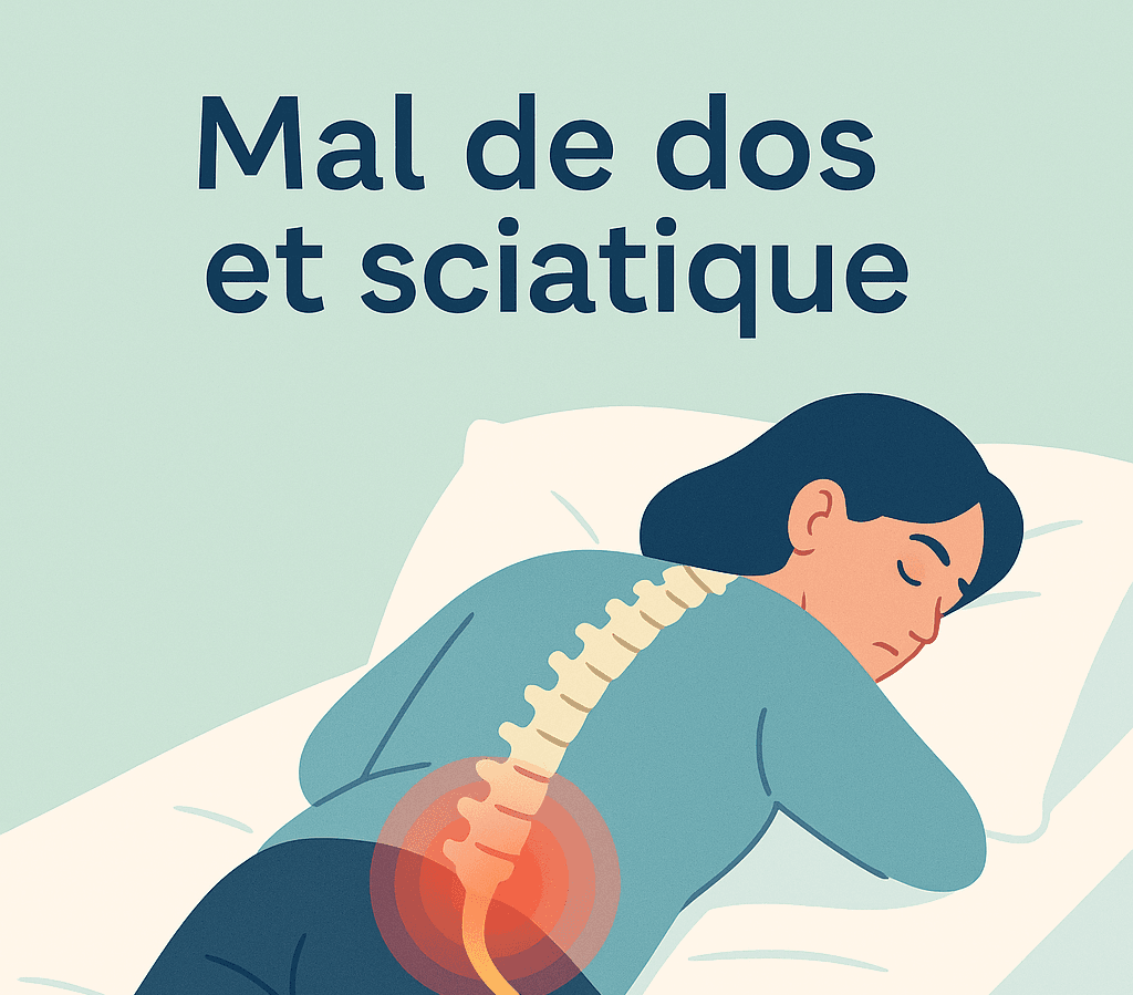Illustration médicale en style flat design montrant une femme allongée sur le côté dans son lit, avec une mise en évidence de la colonne vertébrale et du nerf sciatique irradiant vers la jambe. Le bas du dos est représenté en zone rouge pour symboliser la douleur sciatique. Image pédagogique et rassurante, réalisée pour LeTraumato.com.