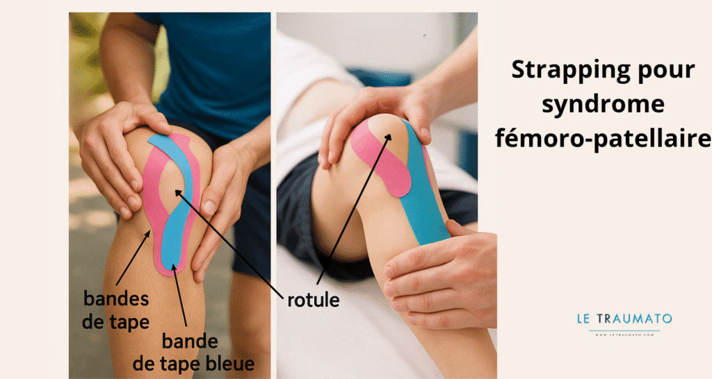 Illustration médicale montrant un strapping du genou pour syndrome fémoro-patellaire, avec des bandes de tape bleues et roses appliquées autour et sous la rotule. L’image combine une situation sportive en extérieur et une séance de rééducation en cabinet, mettant en évidence la technique de contention destinée à réduire la douleur et améliorer la stabilité rotulienne.