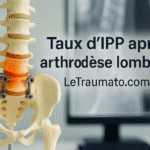 Illustration réaliste d’une arthrodèse lombaire sans personnage, montrant la fusion vertébrale et le matériel d’ostéosynthèse, avec le titre « Taux d’IPP après arthrodèse lombaire » – LeTraumato.com.