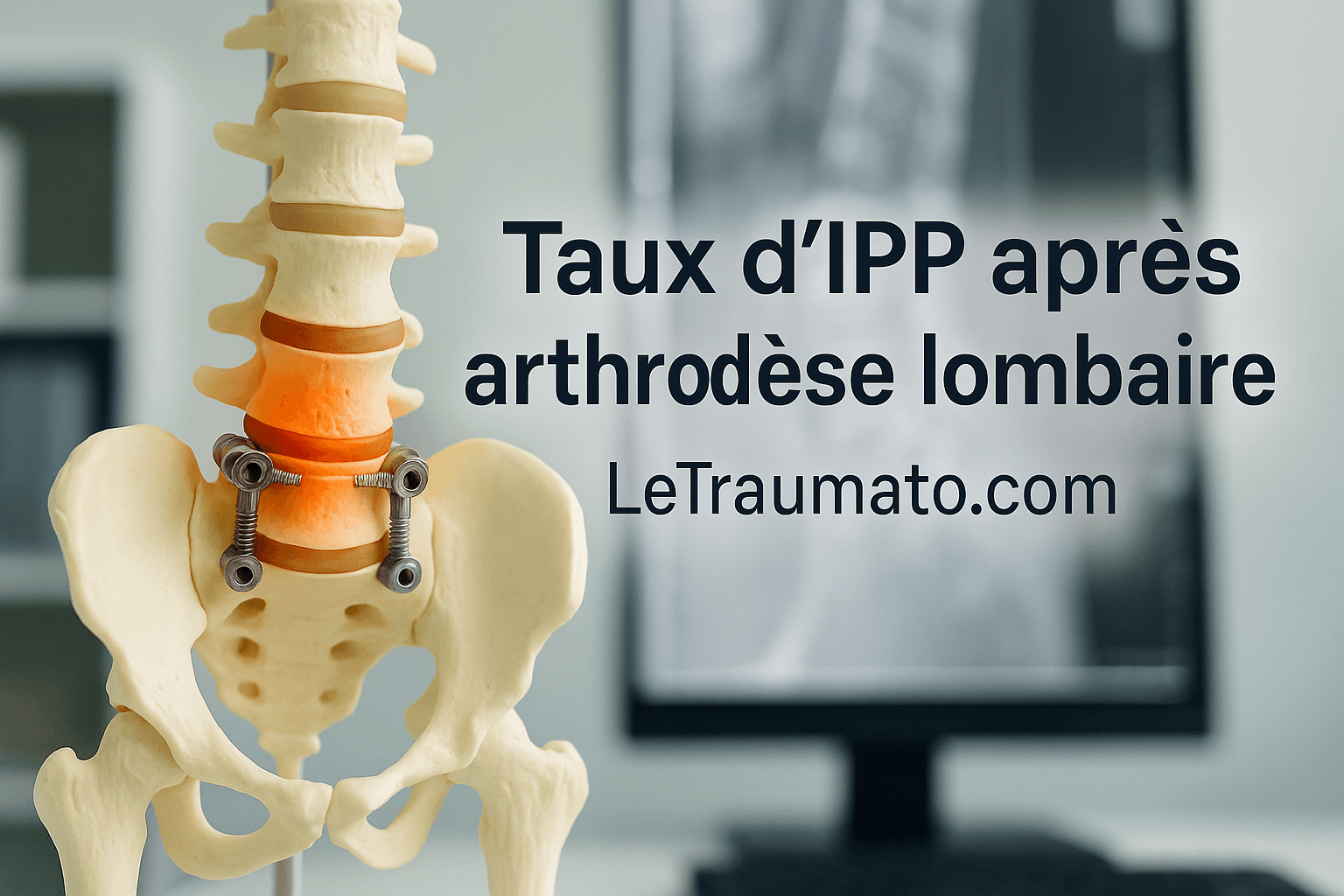 Illustration réaliste d’une arthrodèse lombaire sans personnage, montrant la fusion vertébrale et le matériel d’ostéosynthèse, avec le titre « Taux d’IPP après arthrodèse lombaire » – LeTraumato.com.