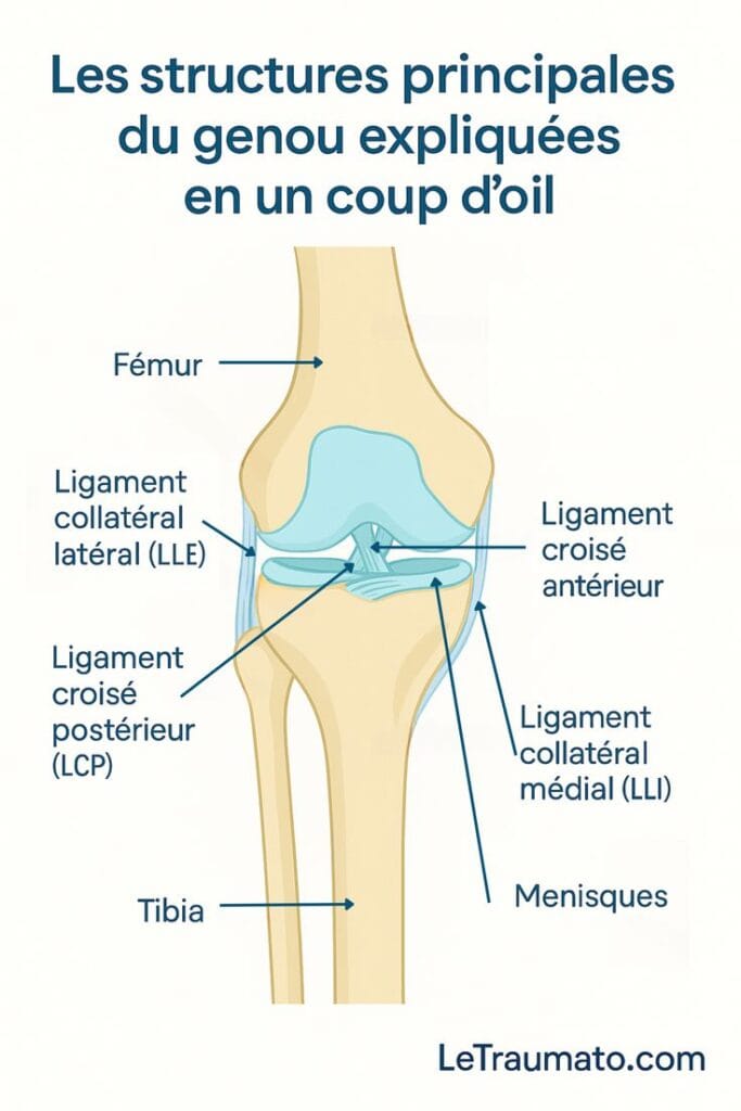 Illustration anatomique du genou présentant les structures principales : fémur, tibia, ménisques, ligament croisé antérieur (LCA), ligament croisé postérieur (LCP), ligament collatéral médial (LLI) et ligament collatéral latéral (LLE). Ce schéma éducatif explique de manière simple les bases de l’anatomie du genou, utile pour patients, étudiants et professionnels de santé.