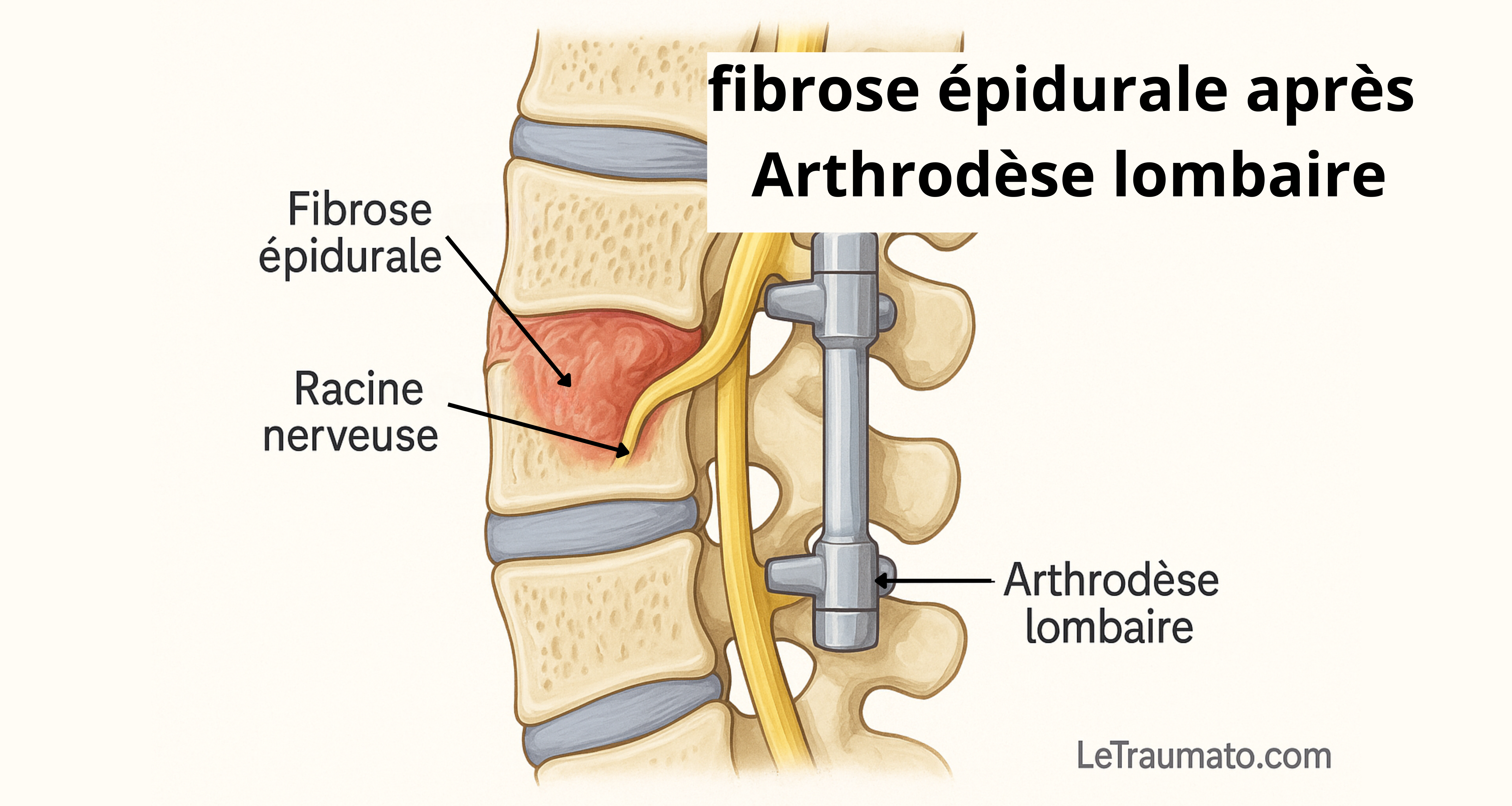 Fibrose épidurale post-arthrodèse lombaire montrant tissu cicatriciel comprimant une racine nerveuse – illustration médicale par Traumatologie.