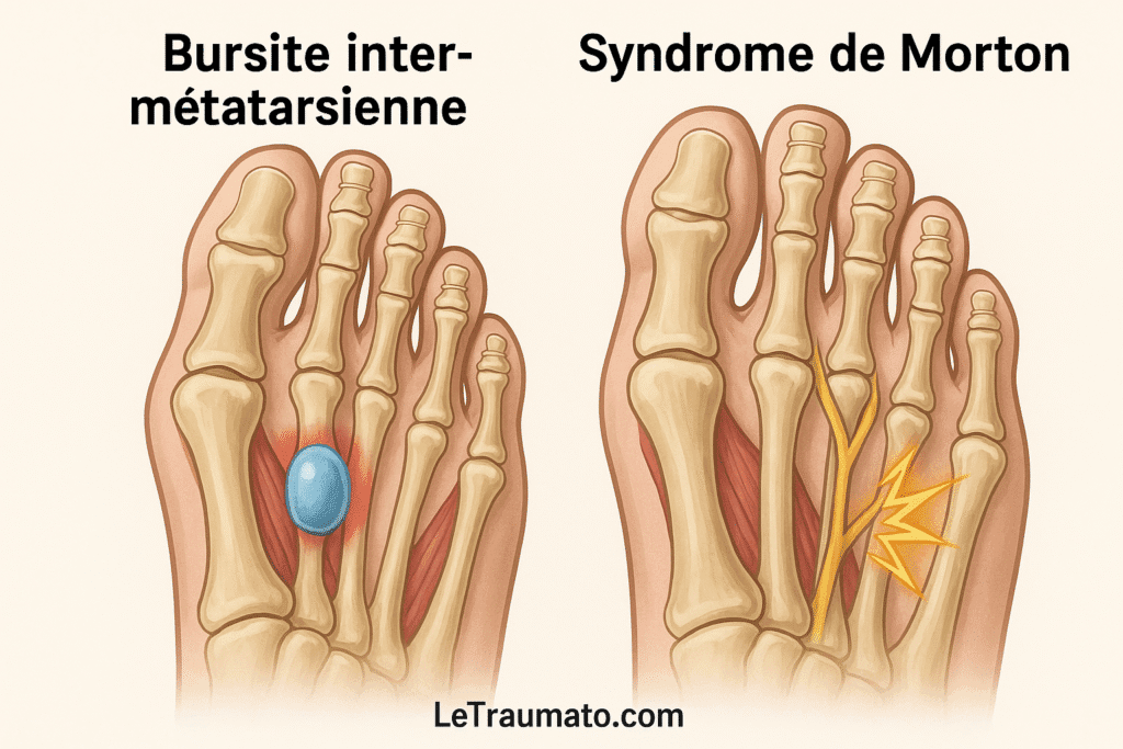 Comparaison entre bursite inter-métatarsienne et syndrome de Morton – illustration médicale par un orthopédiste, LeTraumato.com.