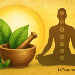 Arthrose et Ayurveda : illustration de la médecine traditionnelle avec plantes médicinales, mortier, chakras et méditation – LeTraumato orthopédiste