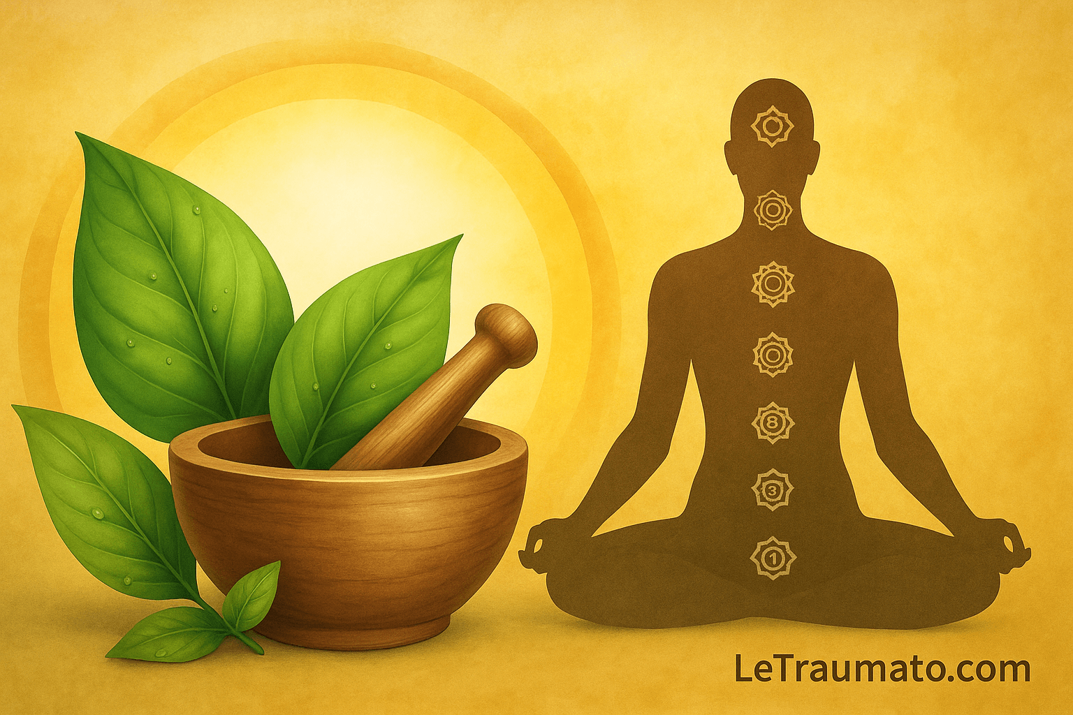 Arthrose et Ayurveda : illustration de la médecine traditionnelle avec plantes médicinales, mortier, chakras et méditation – LeTraumato orthopédiste