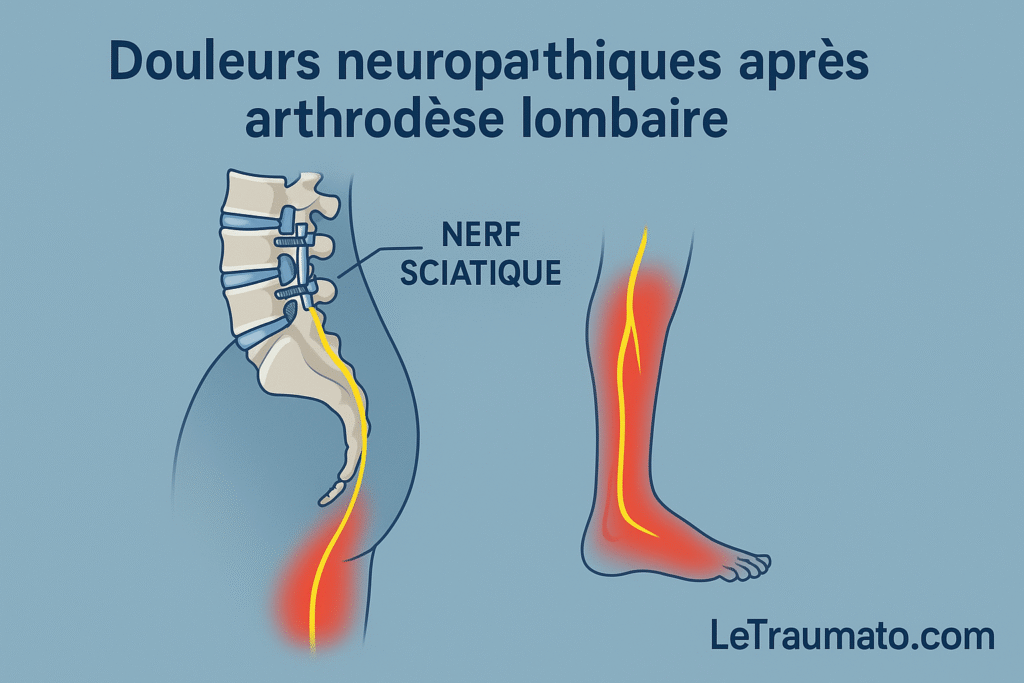 Schéma médical montrant l’anatomie de la sciatalgie après arthrodèse lombaire : colonne vertébrale opérée avec vis et tiges métalliques, trajet du nerf sciatique en jaune partant de la région lombaire vers la jambe, avec zones douloureuses rouges et orange. Illustration claire, pédagogique, sans personnage, optimisée pour un contenu orthopédique.