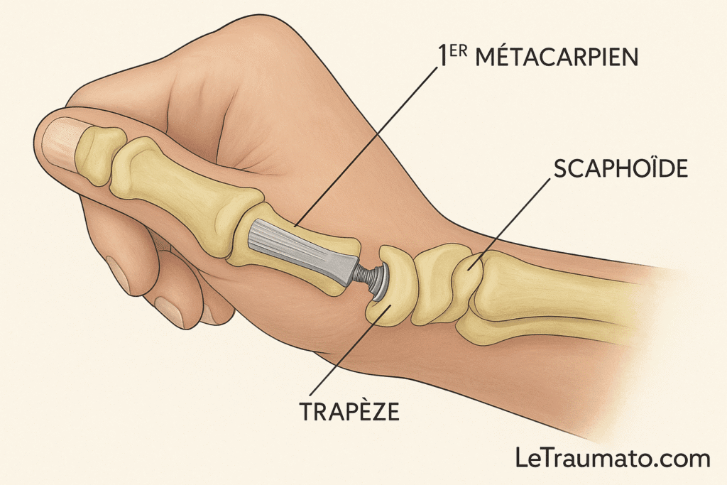 Prothèse pouce rhizarthrose – schéma médical orthopédiste LeTraumato.com