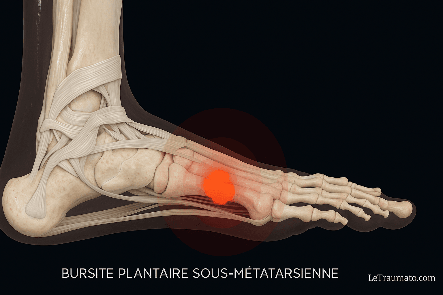 Illustration médicale réaliste d’une bursite plantaire sous-métatarsienne, mise en évidence par un orthopédiste – LeTraumato.com